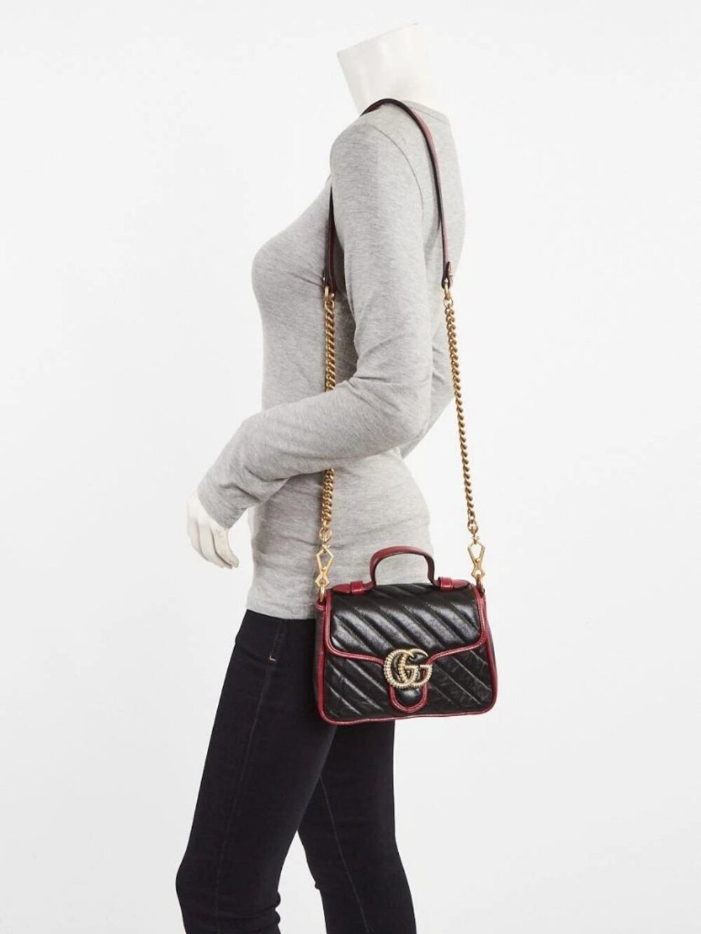 Gucci Black/Red Quilted Leather Marmont Mini Torchon Top Handle Crossbody Bag - Picture 9 of 13